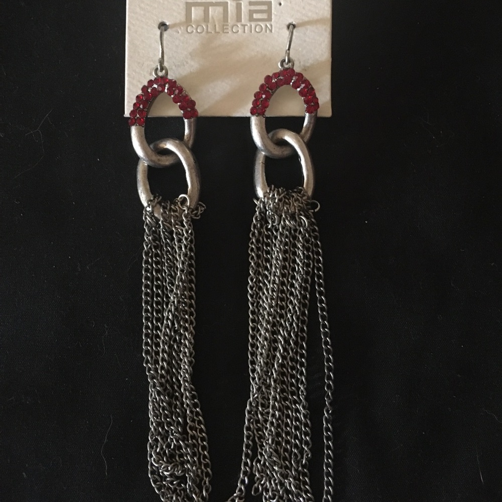 Silver Chain & Red Studded Hanging  Earrings New